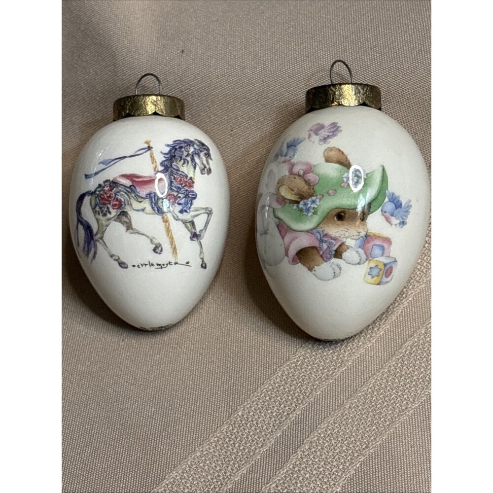 The Egg Lady VTG Lot Of 2 Hanging Carousel, Horse/Mouse B Design Porcelain Egg